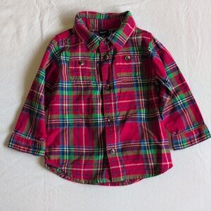 old navy red plaid christmas cotton flannel button down shirt 18-24 months baby